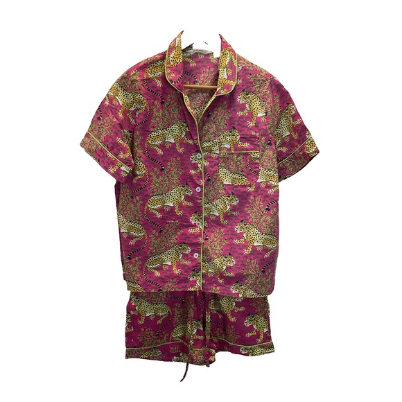 Print Fresh Pajama Set Womens Small Pink Bagheera Leopard 100% Organic Cotton